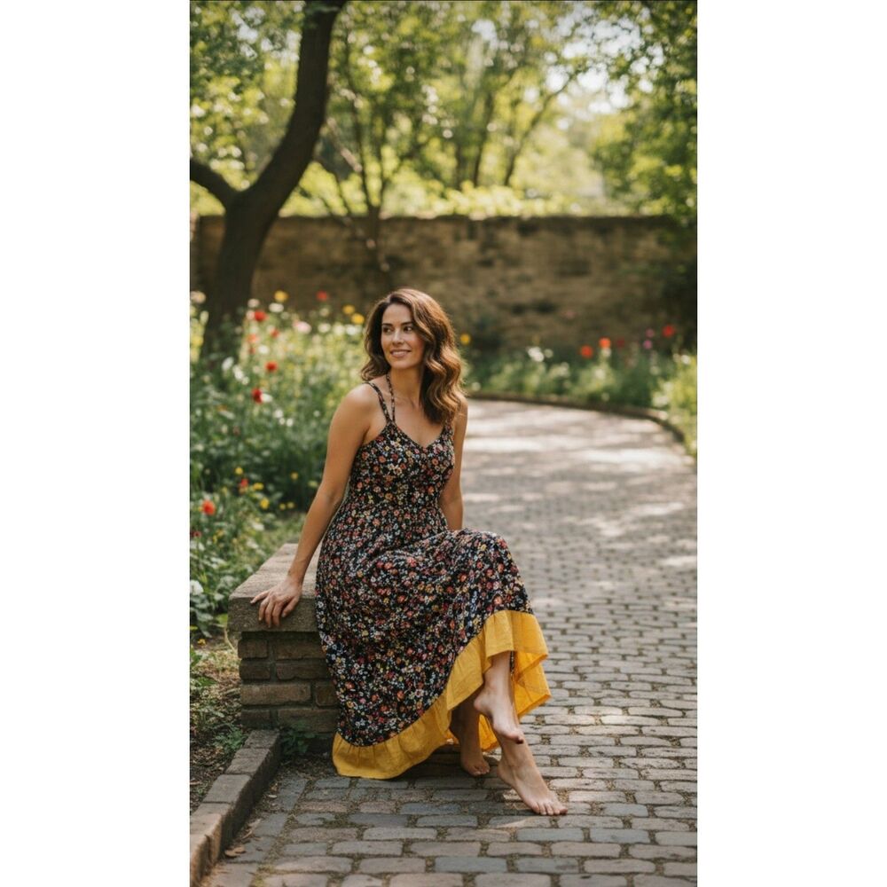 Noflik Floral Maxi Dress Pockets Boho Black Yellow Spaghetti Strap Women's